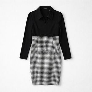 Chic Black and White Houndstooth Long Sleeve Dress